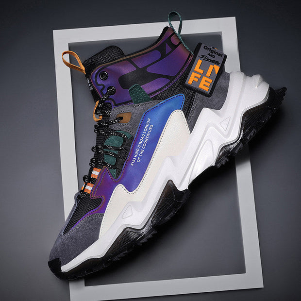 Thick-soled height-enhanced cotton basketball sneakers, youth trend style, wear-resistant, middle heel, round toe, high-top design.