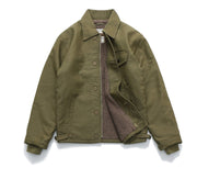 Men's thickened and velvet padded work jacket in army green, featuring a casual style with multi-pocket design and zipper.