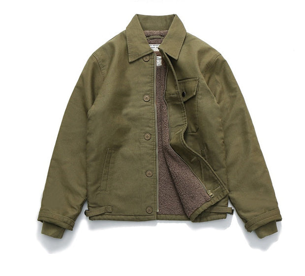 Men's thickened and velvet padded work jacket in army green, featuring a casual style with multi-pocket design and zipper.