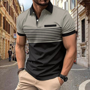Casual striped shirt with chest pocket for men in khaki and black, short-sleeve, loose fit.