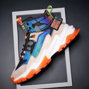 Thick-soled height-enhanced cotton basketball sneakers with vibrant design and orange accents.