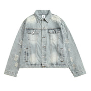 Men's blue skull skeleton denim jacket with distressed details.