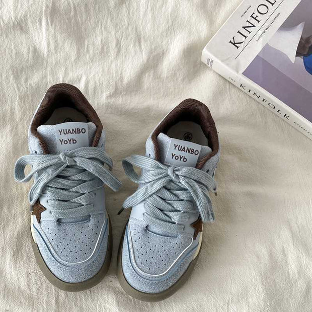 Retro platform star pattern sneakers in light blue cow suede leather, featuring a thick rubber sole and round toe design, ideal for women's casual wear.