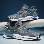 Casual men's sneakers in blue with low top design and breathable flyknit material.