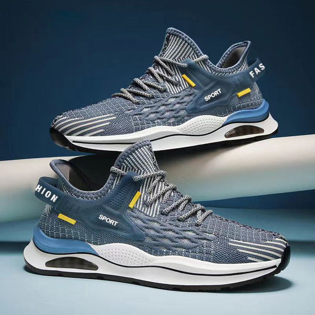 Casual men's sneakers in blue with low top design and breathable flyknit material.