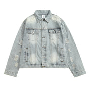 Skull skeleton denim jacket for men in blue with distressed design.