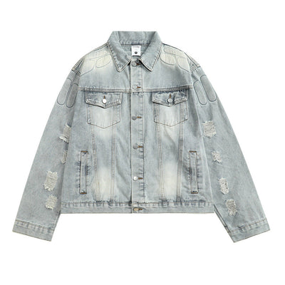 Skull skeleton denim jacket for men in blue with distressed design.