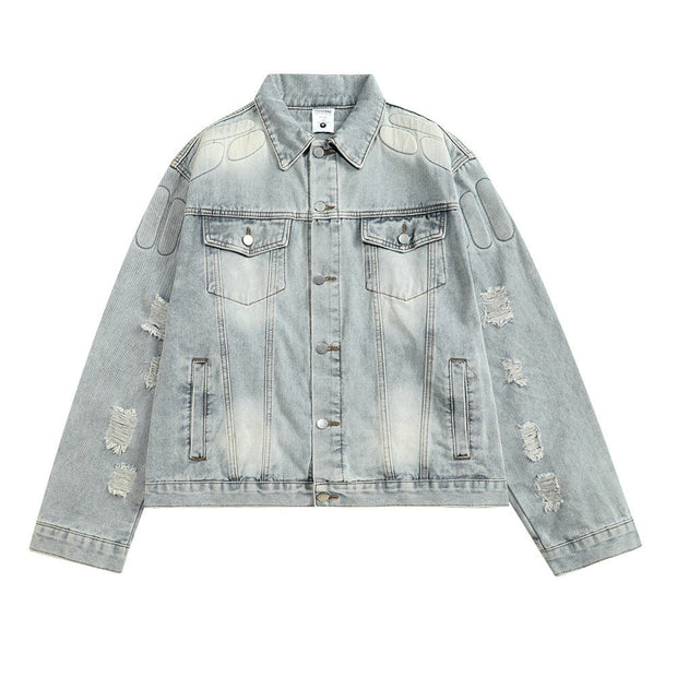 Skull skeleton denim jacket for men in blue with distressed design.