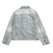 Skull skeleton denim jacket for men in blue, polyester fabric, displayed from back.