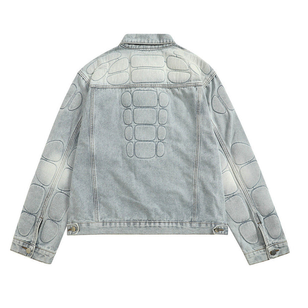 Skull skeleton denim jacket for men in blue, polyester fabric, displayed from back.