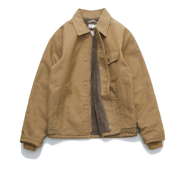 Men's khaki padded work jacket with velvet lining and multi-pocket design.
