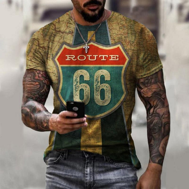 Oversize retro short sleeve men's shirt with Route 66 print.