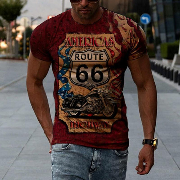 Oversize retro short sleeve men's shirt with Route 66 print, polyester fabric, no collar, leisure style.