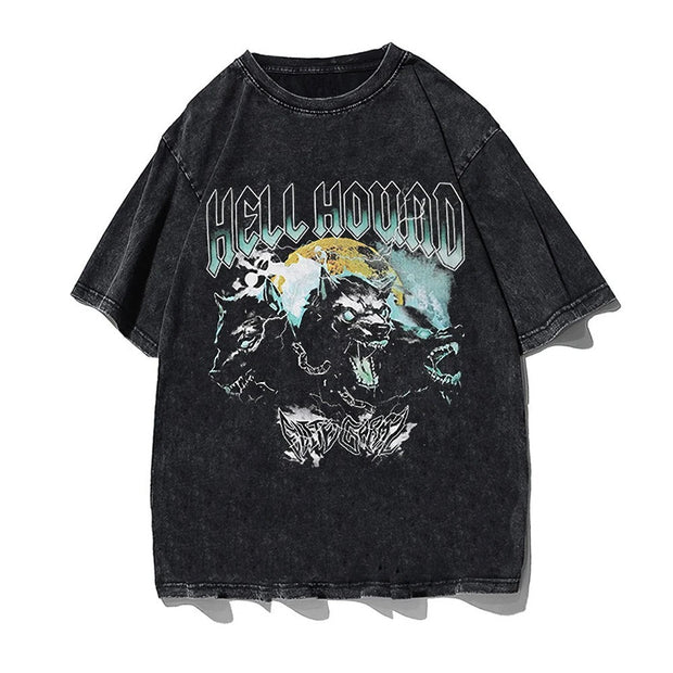 Hip Hop Streetwear Men's T-Shirt with Hellhound graphic print, solid black, cotton, moisture-wicking.