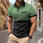 Casual striped shirt with chest pocket in green and black for men, made of cotton blend fabric.