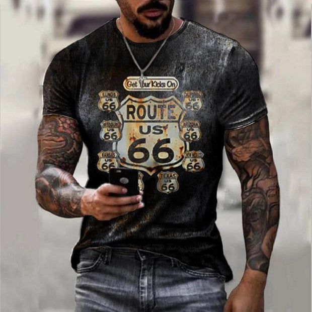 Oversize retro short sleeve shirt for men with Route 66 print design.