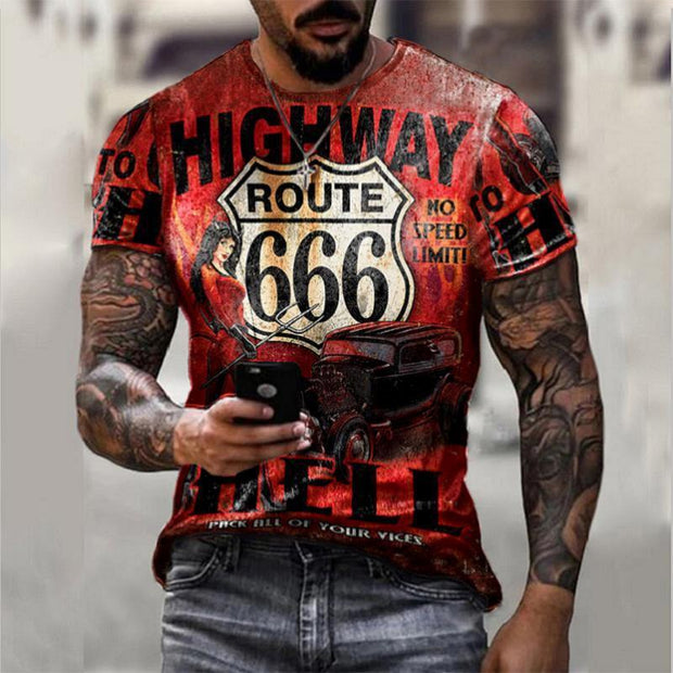 Oversize men's retro short sleeve t-shirt with Route 666 print.