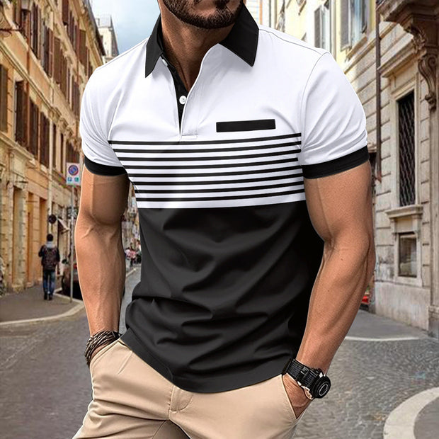 Men's casual striped shirt with chest pocket in black and white, suitable for leisure.