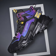 High-top black and purple basketball sneaker with thick sole, height-enhanced design, and youth trend style.