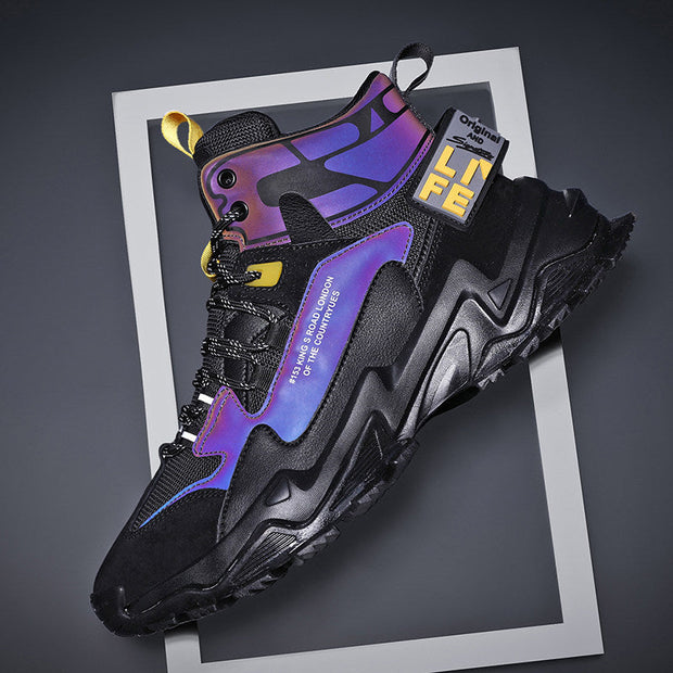 High-top black and purple basketball sneaker with thick sole, height-enhanced design, and youth trend style.