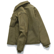 Men's khaki padded work jacket with multi-pocket design and zipper closure.