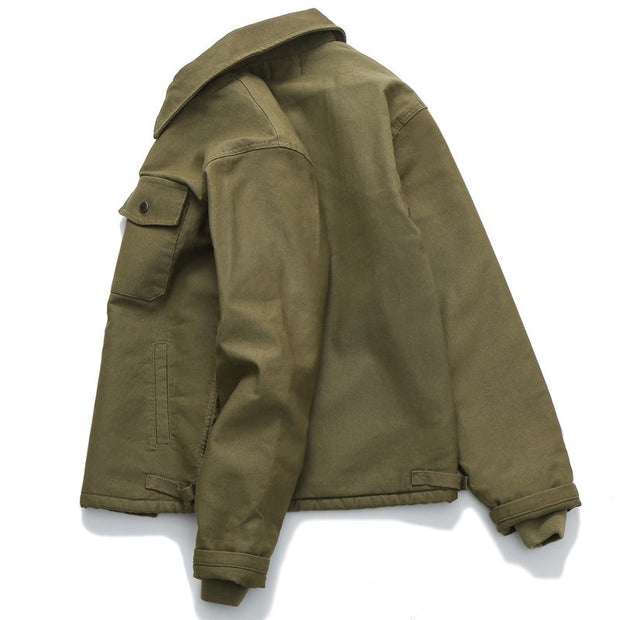 Men's khaki padded work jacket with multi-pocket design and zipper closure.