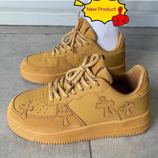 Women's wheat casual sneakers with low top, platform design, and leather stitching.