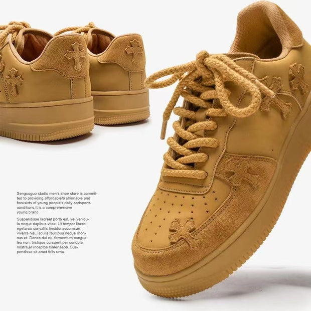Wheat casual sneakers with retro platform design, low top, and rubber sole.