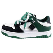 Casual sneakers in black, white, and green with synthetic leather, rubber sole, front lace-up design, suitable for all seasons.
