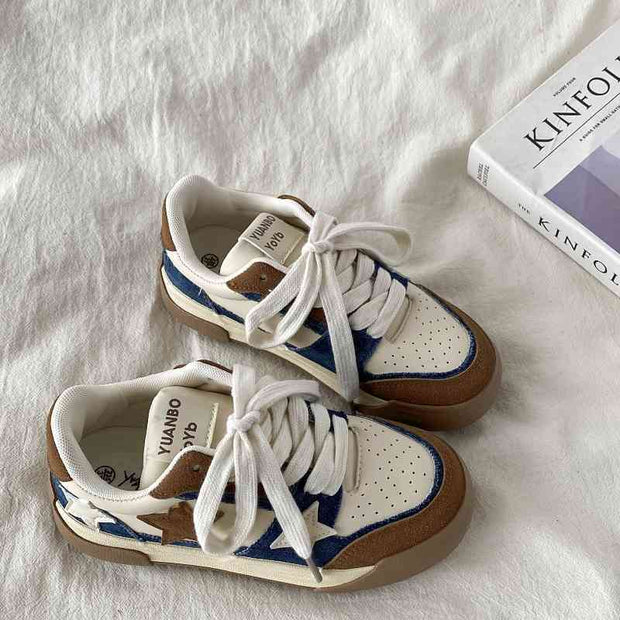 Retro platform star pattern sneakers with cow suede upper, thick rubber sole, in blue and brown; women's casual sneaker.