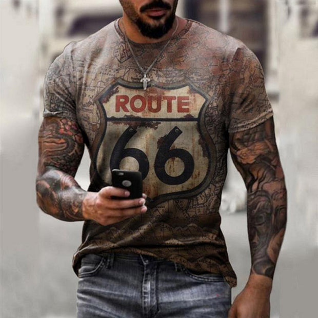 Oversize Clothes Retro Short Sleeve Men Pullover with Route 66 Print